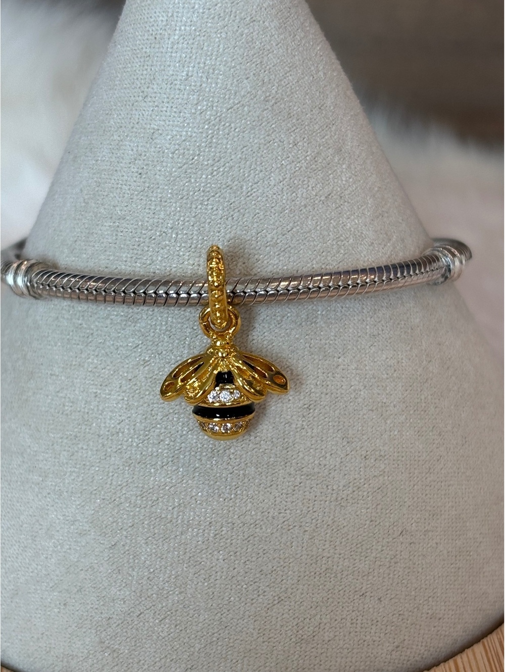 Pandora Gold and Black Bee Charm with Rhinestones